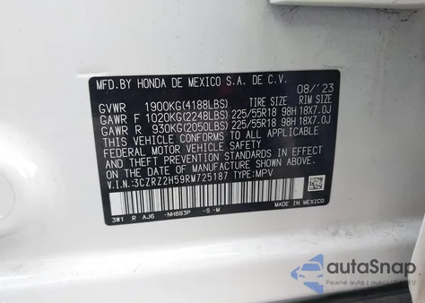 2024 Honda Hr-V Awd Sport/Awd Sport W/O Bsi z USA, uszkodzony, nr VIN 3CZRZ2H59RM725187